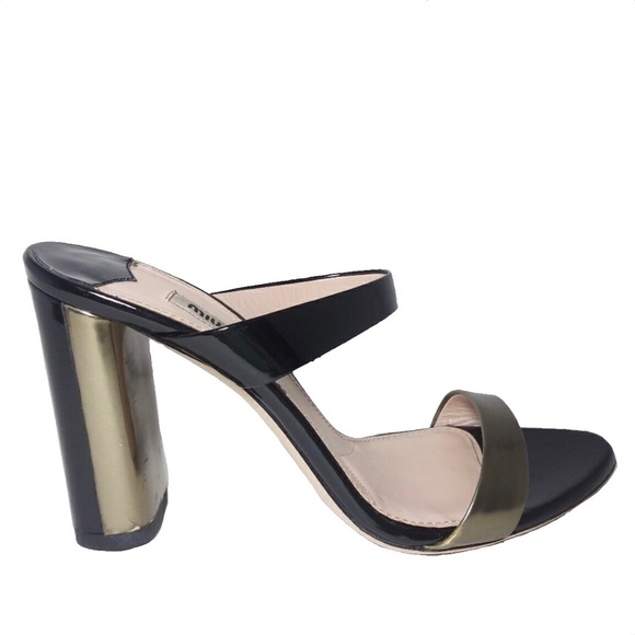 Miu Miu Shoes - Miu Miu Black & Metallic Gold Leather Sandals Sz38